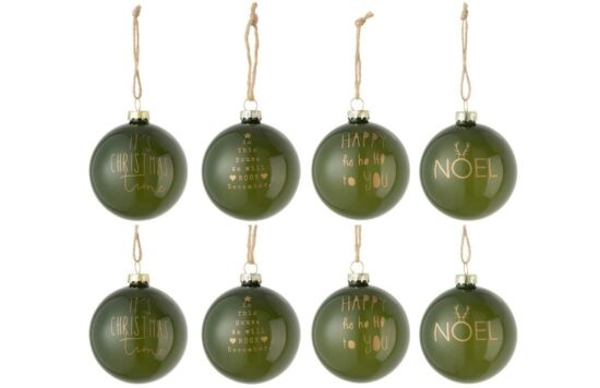 Set osmi zelených skleněných vánočních ozdob