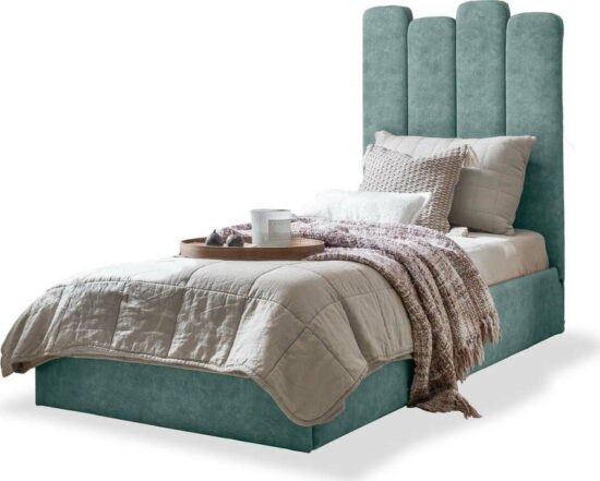 Tyrkysová čalouněná jednolůžková postel s úložným prostorem s roštem
