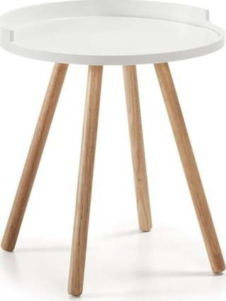 Bílý odkládací stolek s dřevěným podnožím