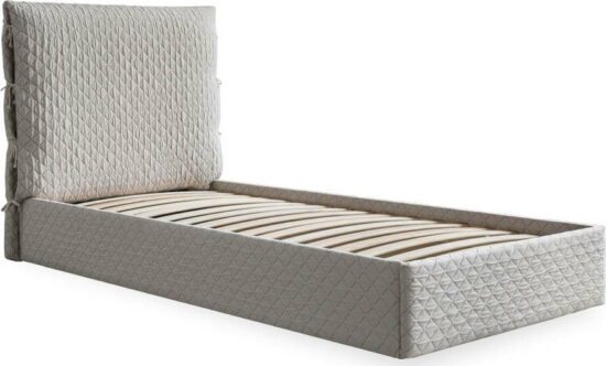Béžová čalouněná jednolůžková postel s úložným prostorem s roštem
