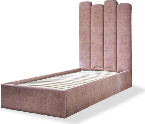 Růžová čalouněná jednolůžková postel s úložným prostorem s roštem
