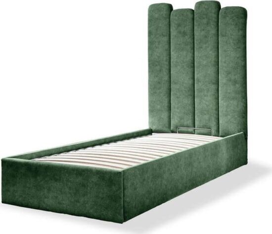 Zelená čalouněná jednolůžková postel s úložným prostorem s roštem