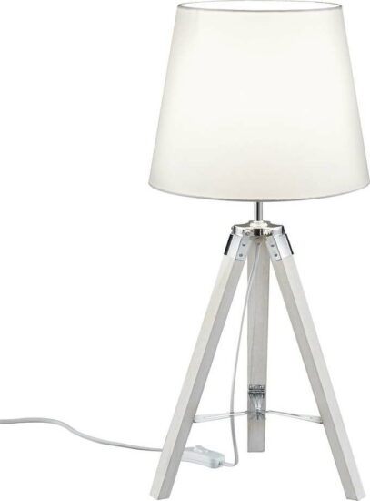 Bílá stolní lampa z přírodního dřeva a tkaniny