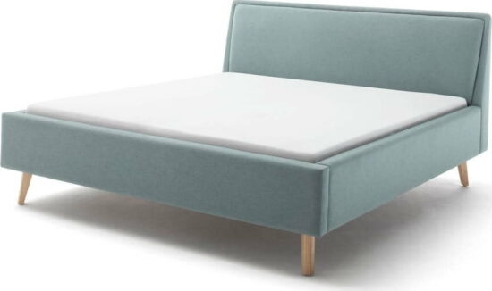 Modrošedá čalouněná dvoulůžková postel s úložným prostorem s roštem