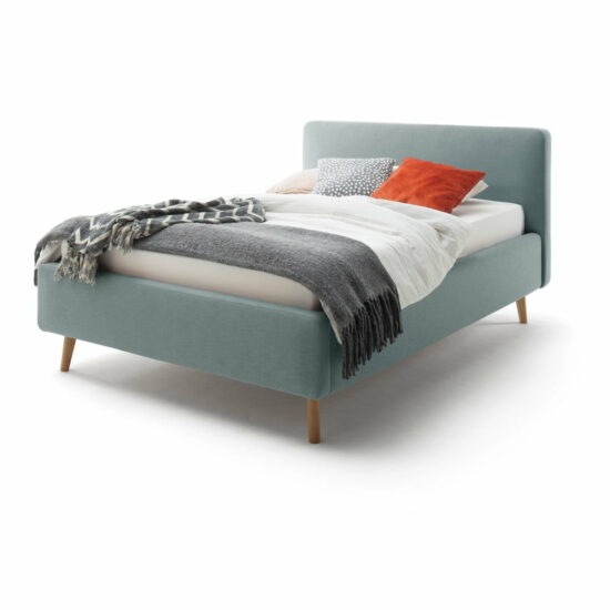 Modrošedá čalouněná dvoulůžková postel s úložným prostorem s roštem